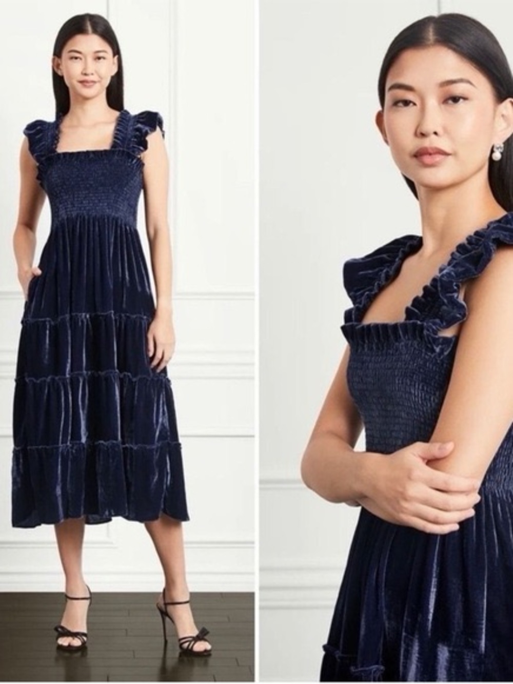 Hill House Velvet Ellie Nap Smocked Midi Dress - Dark Navy Size Large